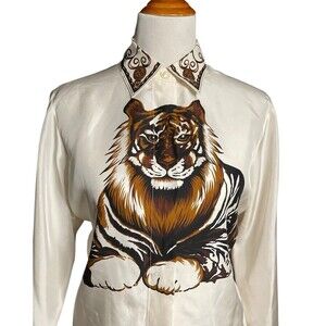VTG Spiegel Women's Small Tiger 100% Silk Shirt Y2K Cream Oversized Graphic